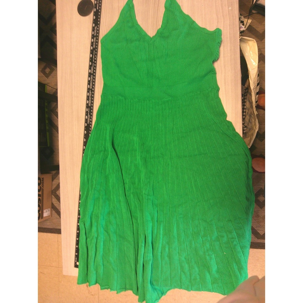A New Day Halter Knit‎ Dress Women XXL Green Excellent Ribbed Pleated Skirt